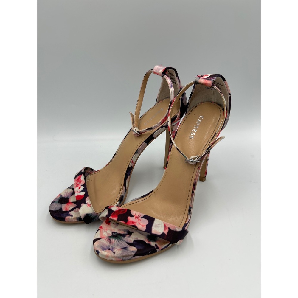 Express Floral Ankle Strap Stiletto Sandals Pink Black White Size 7 Open Toe